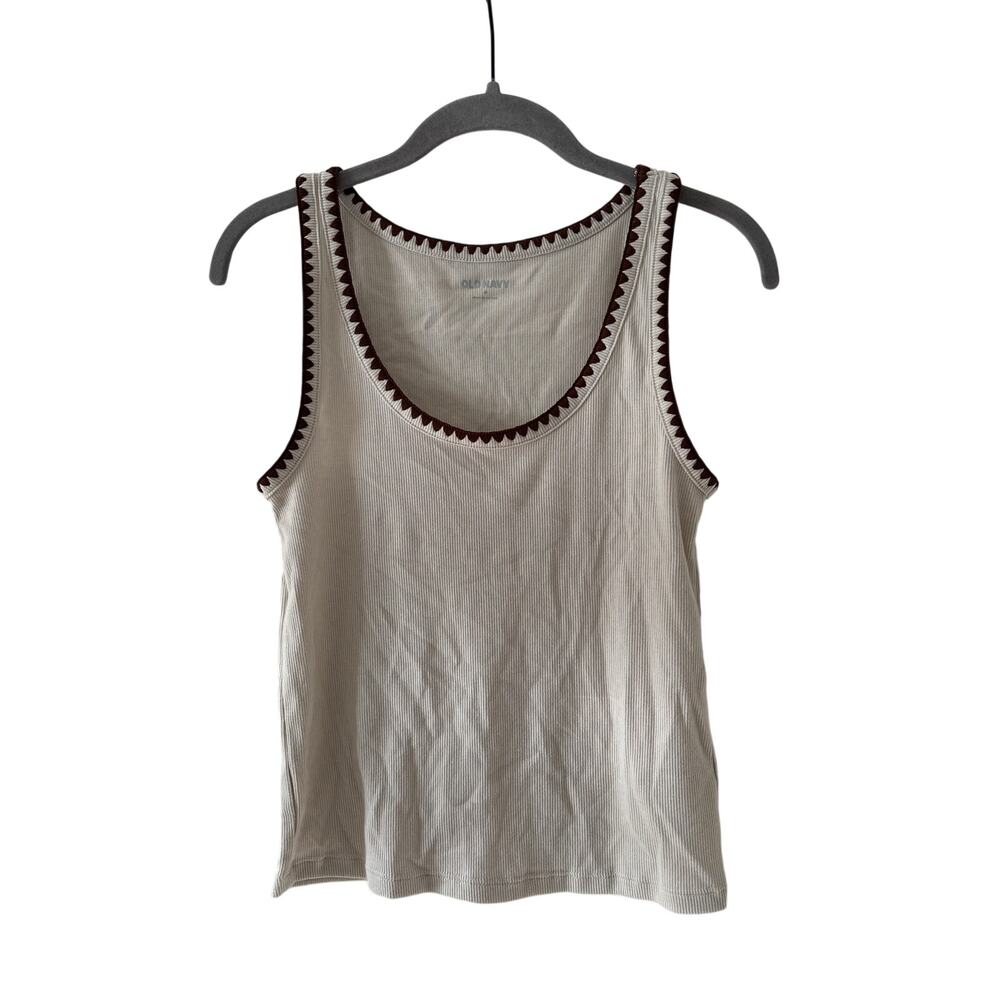 Old Navy Medium Ribbed Tan Tank Top with Brown Trim - Picture 2 of 7